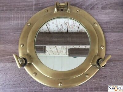 11" Antique Brass Finish Porthole Mirror ~ Nautical Maritime Wall Decor ~ Window