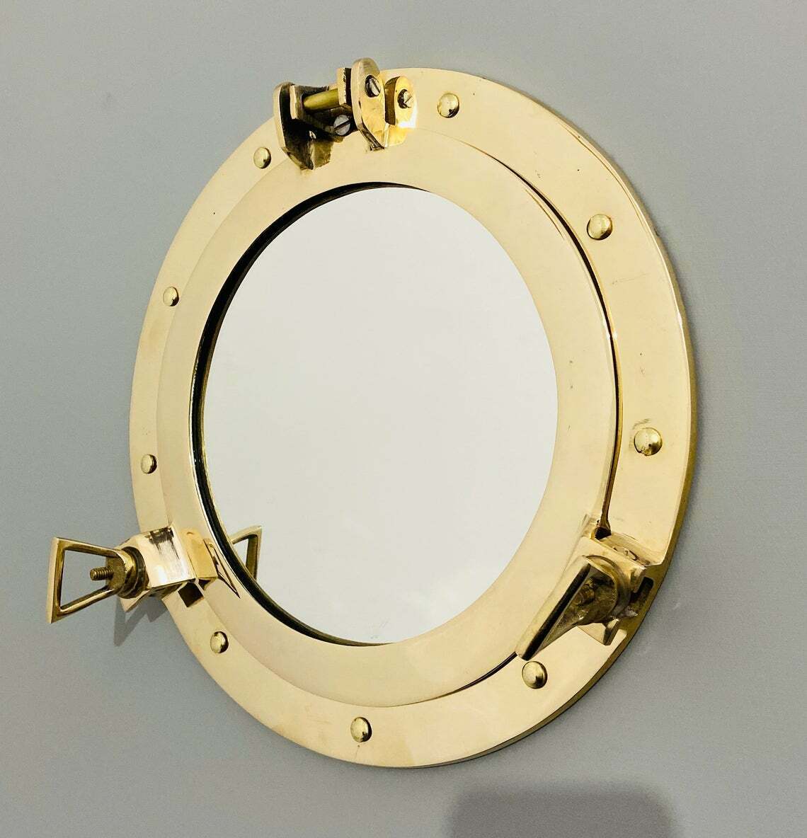10" Brass Porthole Mirror | Wall Mirror | Nautical Ship Decor Porthole In Shinn
